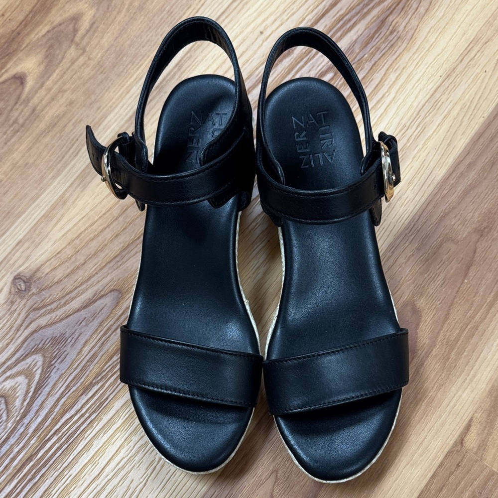 Naturalizer Black Leather Slingback Sandals with Gold Buckle